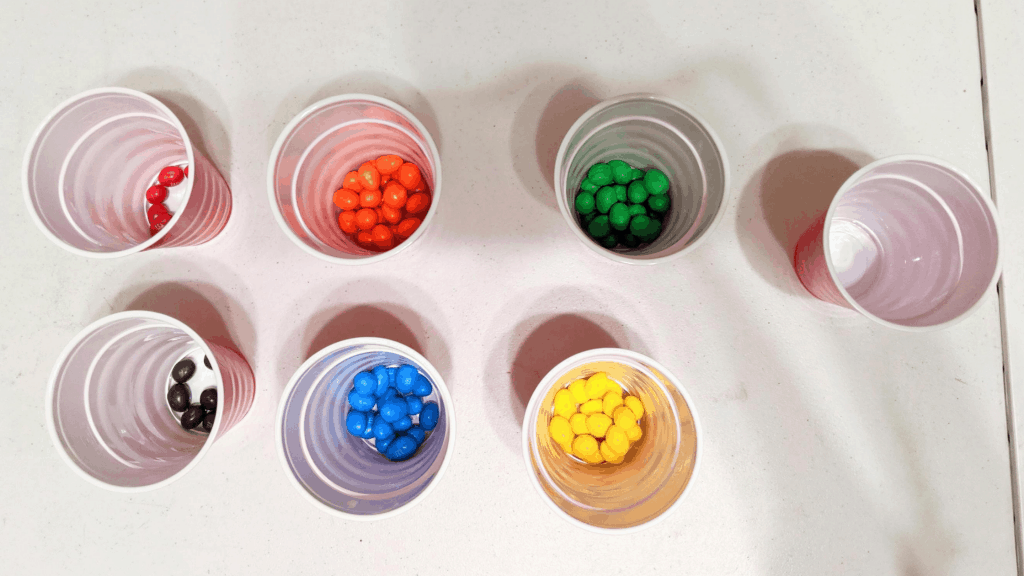skittles sorted out in correct cups after playing the christmas party game