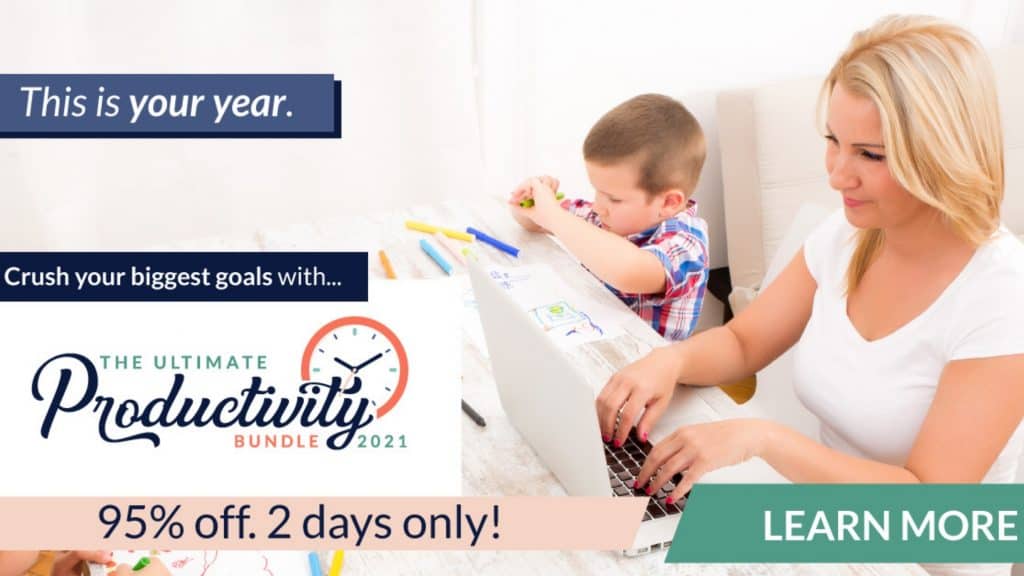 mom being productivity at home with kids thanks to the productivity bundle